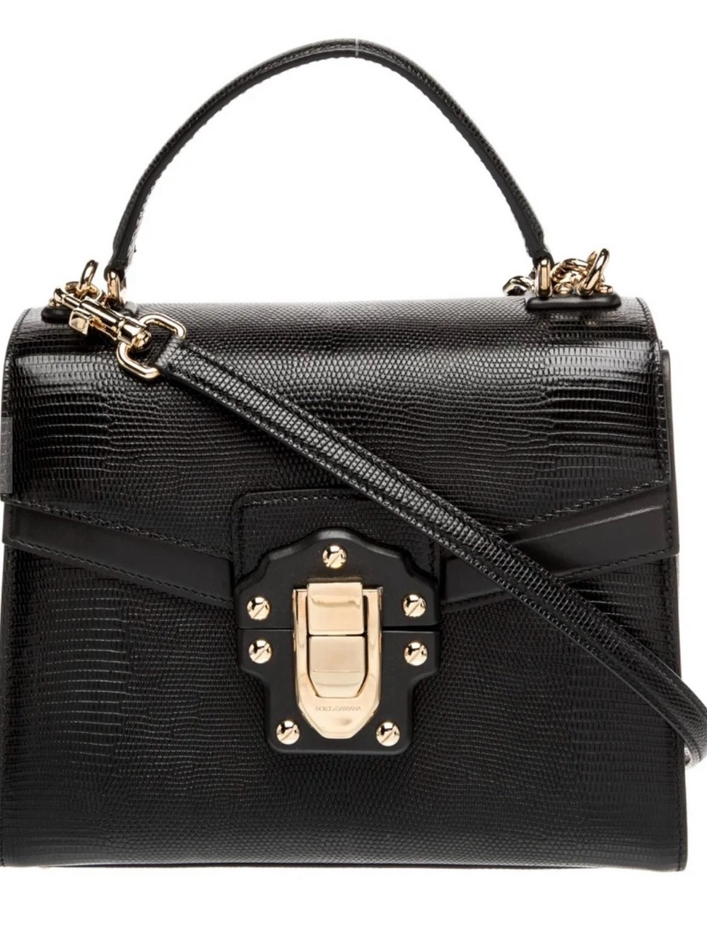Dolce & Gabbana Black lizard Leather Lucia Top-Handle Satchel with Gold Lock